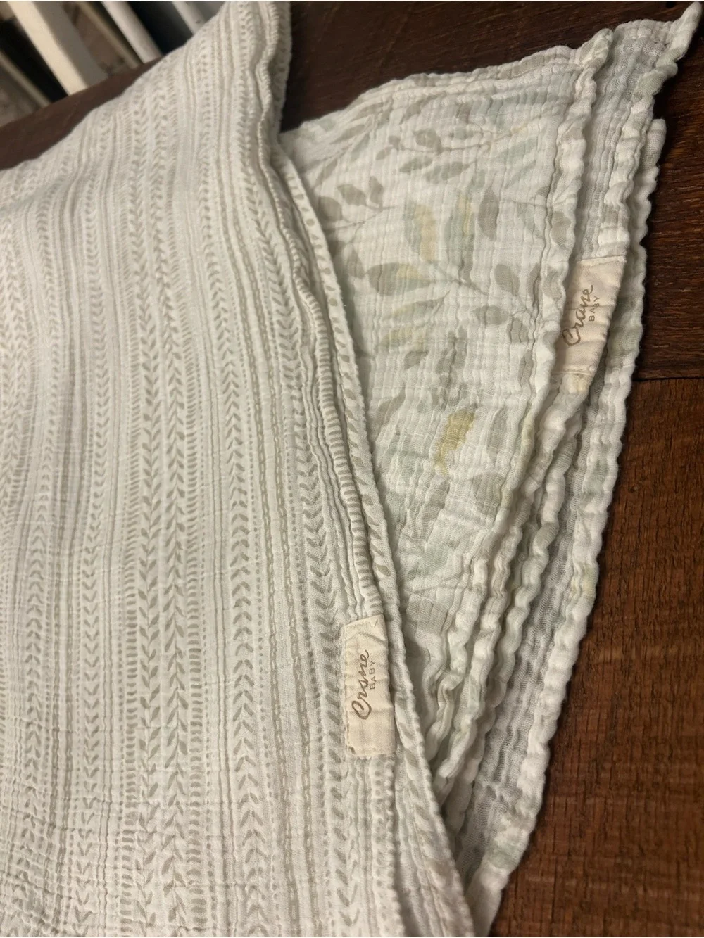 Crane Baby Crib Blanket Reversible White Gray Green Floral Leaf Pattern set of 2